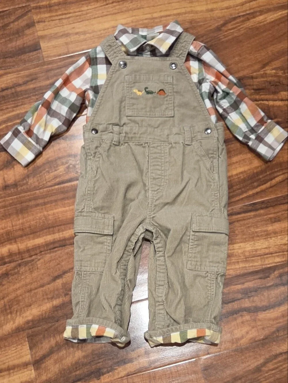 Gymboree EUC 18-24 Months Beige Corduroy Overalls and Plaid Flannel Shirt
